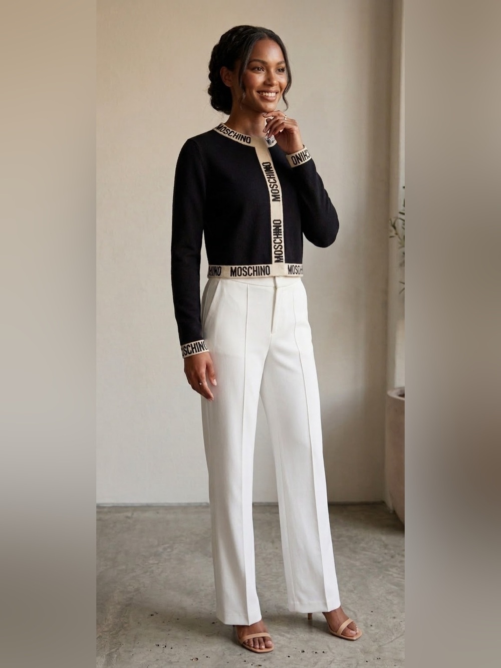 MOSCHINO Milano cashmere/wool Logo-Trim Cropped Cardigan size 10 NWOT